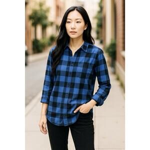 Old Navy Women's Boyfriend Flannel M Medium Shirt Blue Plaid Long Sleeve Button